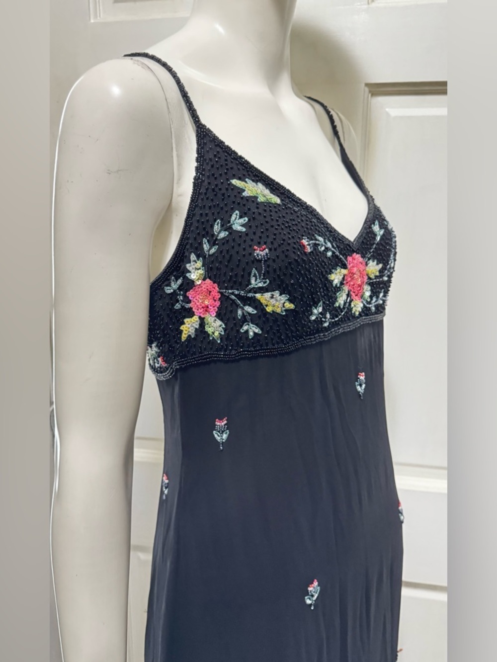 Vintage CACHE Black Midi Slip FORMAL Pink Floral Embroidery dress Sz 8 A - Picture 10 of 11